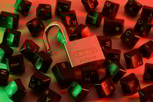 Keyboard keys with lock representing cybersecurity in red and black lighting