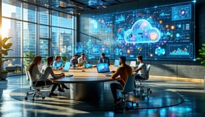 The image depicts a modern office environment filled with advanced technology In the foreground a diverse team of IT professionals collaborates around a sleek circular conference table laptops open and digital screens displaying complex data analytic